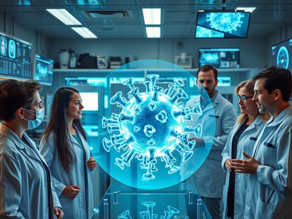 Create a realistic image of a diverse group of scientists in a high-tech laboratory, examining a holographic projection of a virus. The hologram should be large and central, glowing with a soft blue light. In the background, various lab equipment and computer screens display data and images related to viral research. The lighting should be dramatic, emphasizing the importance of the work being done.